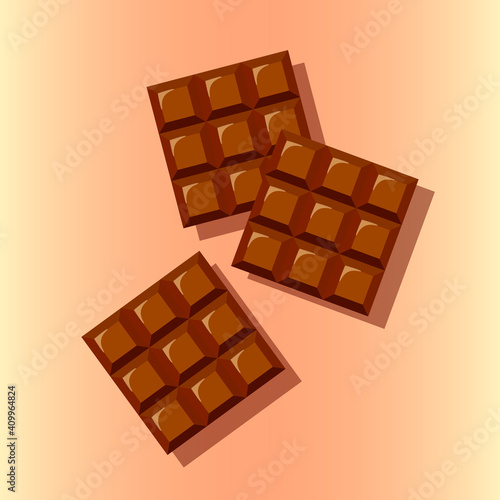 Chocolate bars in pink background with shadows. Delicious brown food illustration of confectionery products.