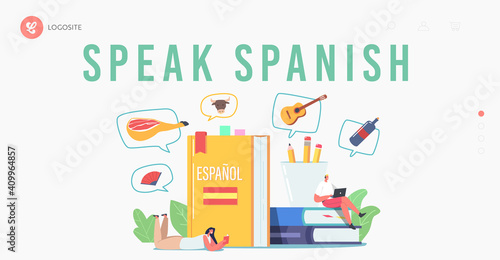 Characters Learning Spanish Language Course Landing Page Template. Tiny People at Huge Textbooks, Teacher and Students