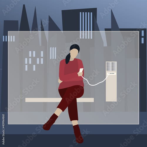 Young woman charges mobile phone via USB while sitting on bench at bus stop. Public charging on town street. Night city. Vector illustration