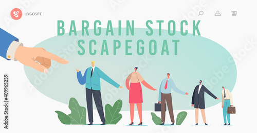 Bargain Stock Scapegoat Landing Page Template. Huge Boss Hand Pointing on Business People Shift the Blame on Businessman