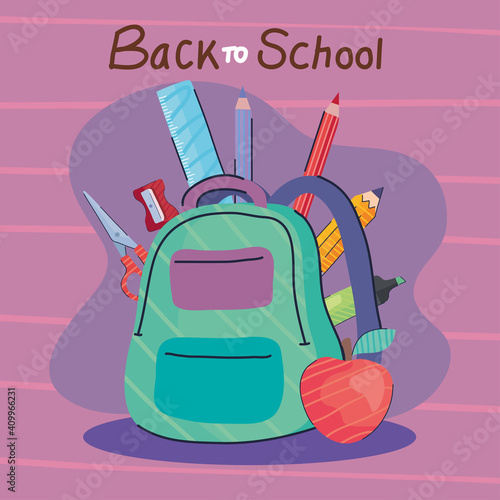 back to school lettering with schoolbag and supplies vector illustration design