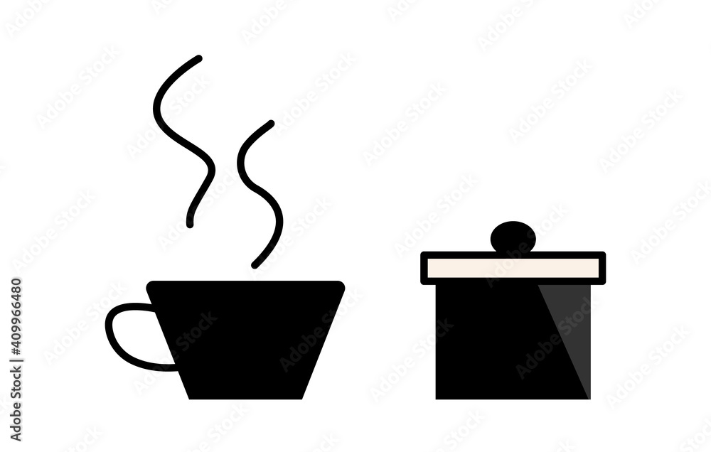 A cup of coffee with smoke and a sugar bowl, black on a white background. A cup of coffee with smoke and a sugar bowl, black on a white background.
