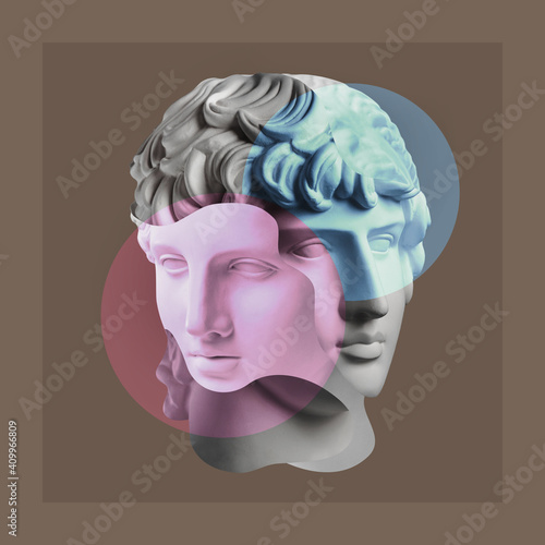 Collage with plaster antique sculpture of duble human face in pop art style. Creative concept image with ancient statue head in pastel colors. Zine culture. Contemporary art style poster. Antique bust photo