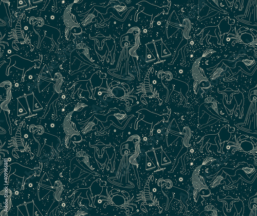 Seamless pattern - signs of the zodiac. Gold illustration of astrological signs on a green background. Magical illustrations of women and animals in the starry sky.