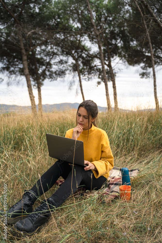 Pensive female freelancer sitting on blanket in field and working on project online while using laptop Pensive female freelancer sitting on blanket in field and working on project online while using laptop