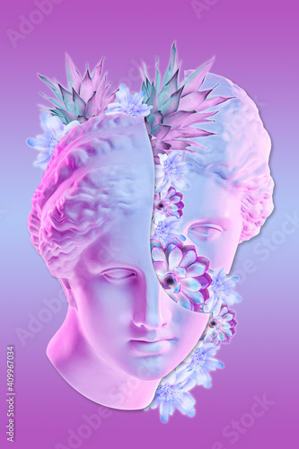 Obraz na plátně Collage with plaster antique sculpture of woman face and flowers in a pop art style