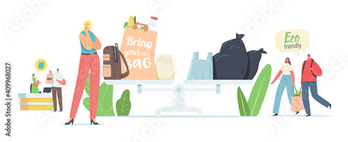 People Visit Shop with Reusable Eco Bags and Packaging. Male and Female Characters Use Ecological Packing for Shopping