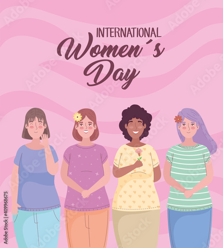 happy womens day lettering with group of interracial girls vector illustration design