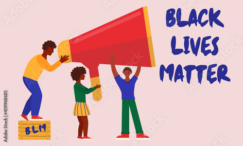 Black Lives Matter. Young African American hold megafon together. The social problems of racism. Right of Black people. Tolerance and no racism concept. Flat illustration