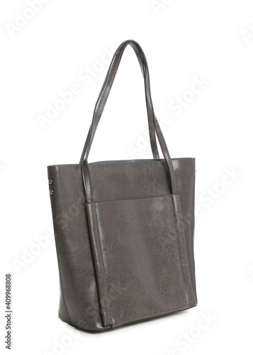 New leather shopper bag on white background