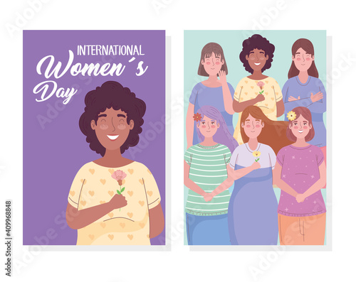 happy womens day lettering with interracial girls vector illustration design