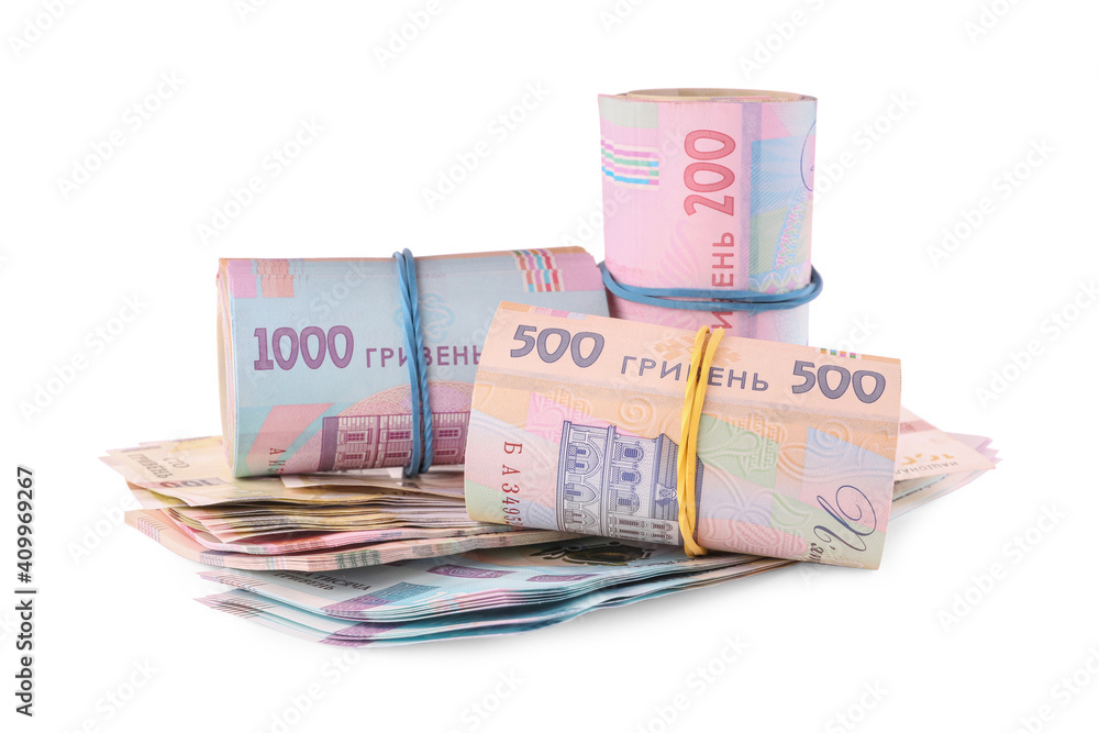 Ukrainian money on white background. National currency Ukrainian money on white background. National currency