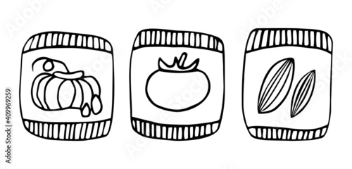 A set of bags with different seeds for planting vegetables. Vector illustration, hand-drawn in the doodle style
