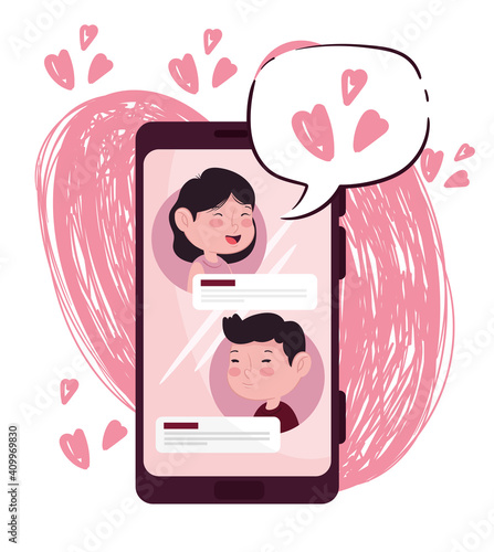 happy valentines day lettering card with lovers couple in smartphone vector illustration design