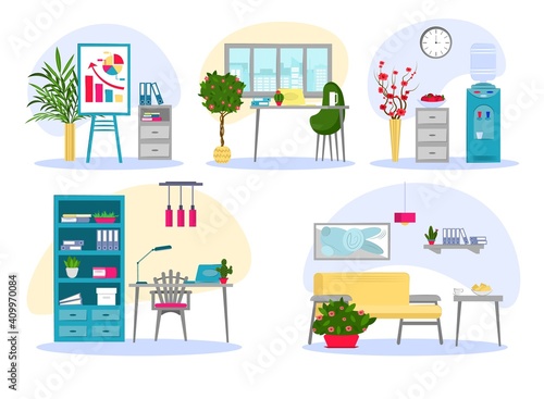 set of mini concepts office interior. Desk with computer, bookcase, documents, chair, lamp. Water cooler, window, tree, clocks, graphics. workplace. Vector illustration 
