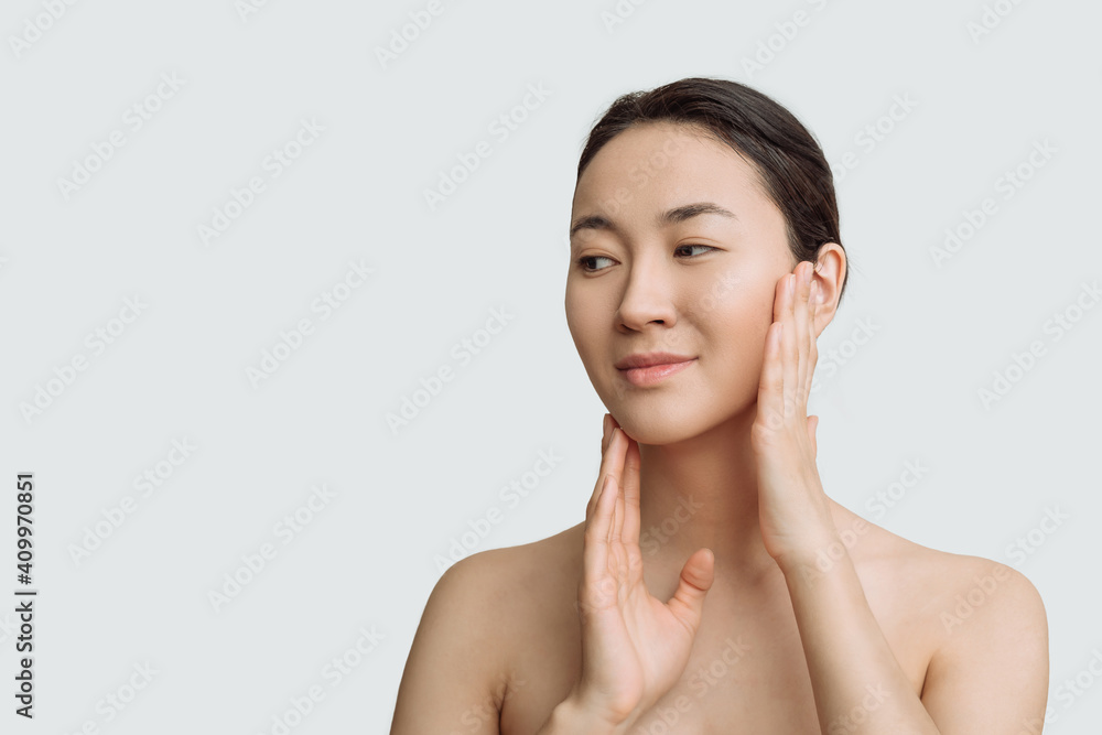 facial care, beautiful asian woman skin care on white background copy space youth and skin health facial care, beautiful asian woman skin care on white background copy space youth and skin health