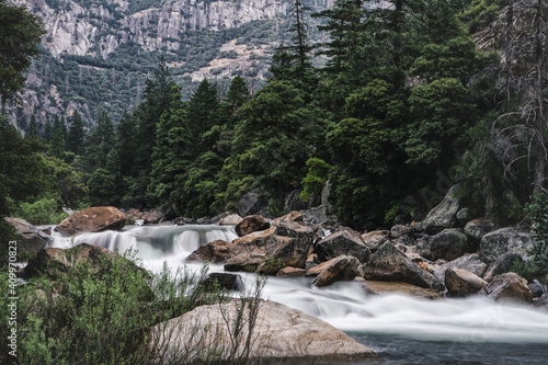 Powerful stream of river flowing in highland area in evergreen forest in Yosemite National Park in California photo