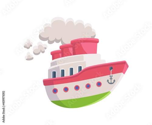 Cartoon steam boat or steamer ship flat vector illustration isolated on white.