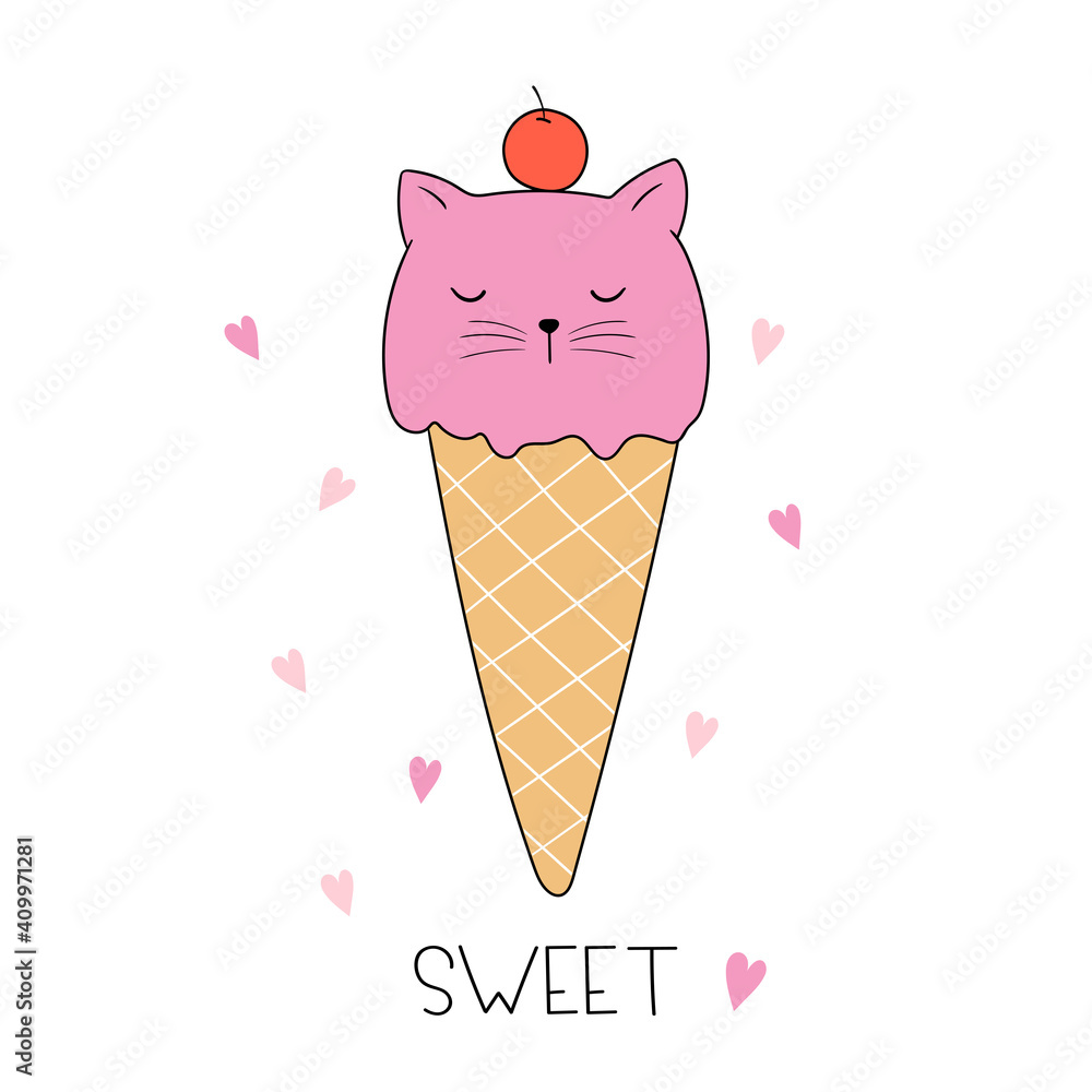 Cat ice cream. Ice cream cone shaped as cat. Doodle cartoon style. Isolated objects on white background. Vector illustration. Good for posters, t shirts, postcards. Cat ice cream. Ice cream cone shaped as cat. Doodle cartoon style. Isolated objects on white background. Vector illustration. Good for posters, t shirts, postcards.