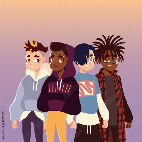 group of teenage friends hairstyle fashionable clothes, young culture
