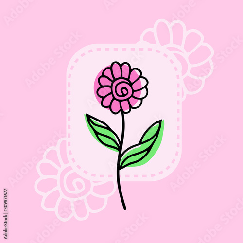 Black color and  hand-drawn Folk flower in trendy vintage style on pink background