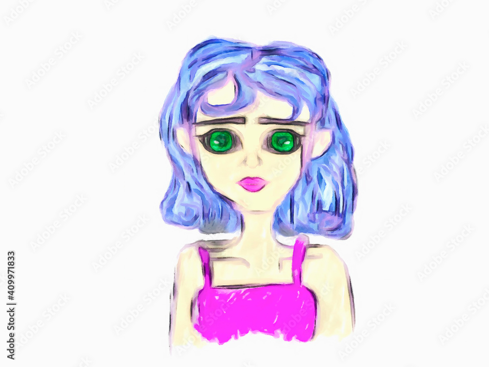 girl with blue hair and purple dress watercolor cute pastel abstract cartoon girl with blue hair and purple dress watercolor cute pastel abstract cartoon