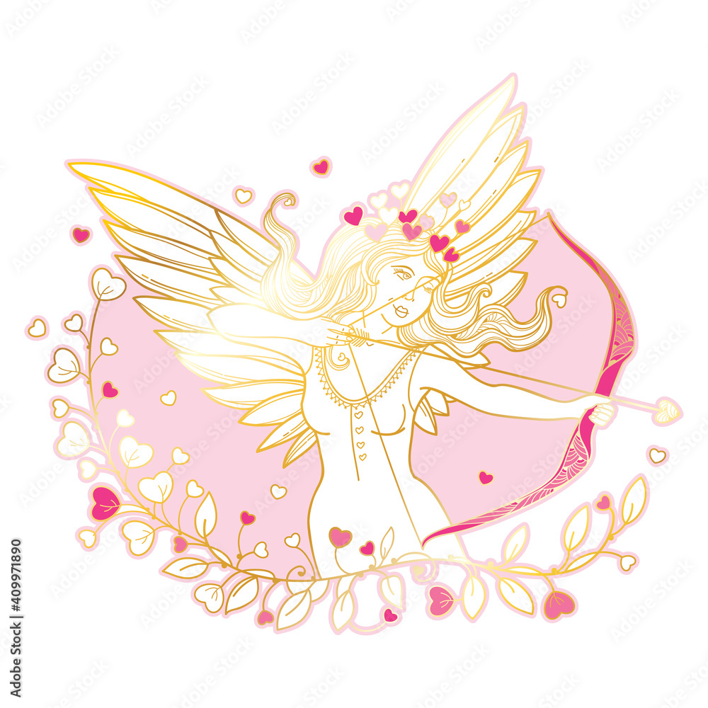Hand-drawn silhouette of outline Cupid girl with bow and arrow in gold and pink isolated on white background. 