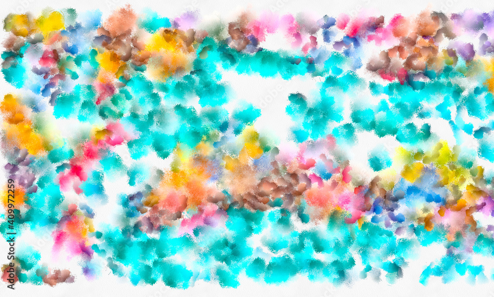 Watercolor abstract streaks with turquoise blue yellow pink spots pattern