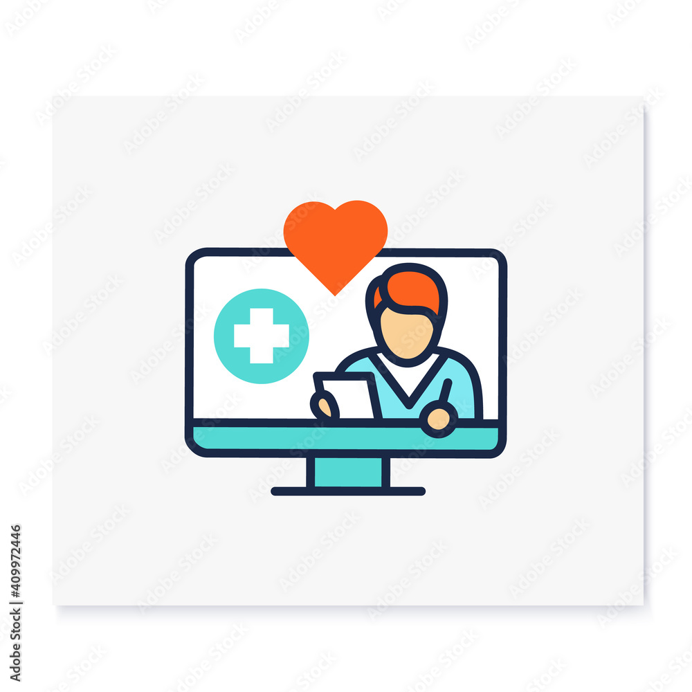 Telenursing color icon. Telehealth medical care. Virtual nurse assistance, consultation. Telemedicine, health care concept. Online medical examinations. Isolated vector illustration