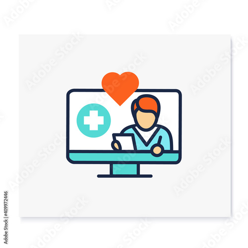 Telenursing color icon. Telehealth medical care. Virtual nurse assistance, consultation. Telemedicine, health care concept. Online medical examinations. Isolated vector illustration