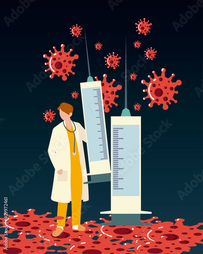 male doctor character with syringe medical vaccine