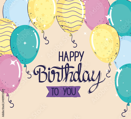 Photography happy birthday lettering celebration with balloons helium vector illustration de