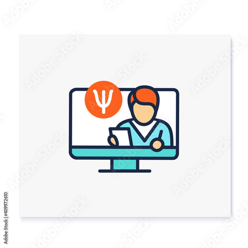 Telepsychiatry color icon. Telehealth medical care. Virtual psychiatrist consultation. Telemedicine, health care concept. Online medicine, psychotherapy. Isolated vector illustration