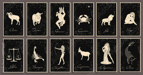 Zodiac signs collection. Mystical, esoteric symbols of astrology. Gold illustrations of women, animals. Mysterious images in the starry sky. Characters on the cards.