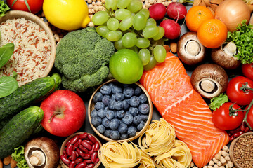 Different products as background, top view. Healthy food and balanced diet