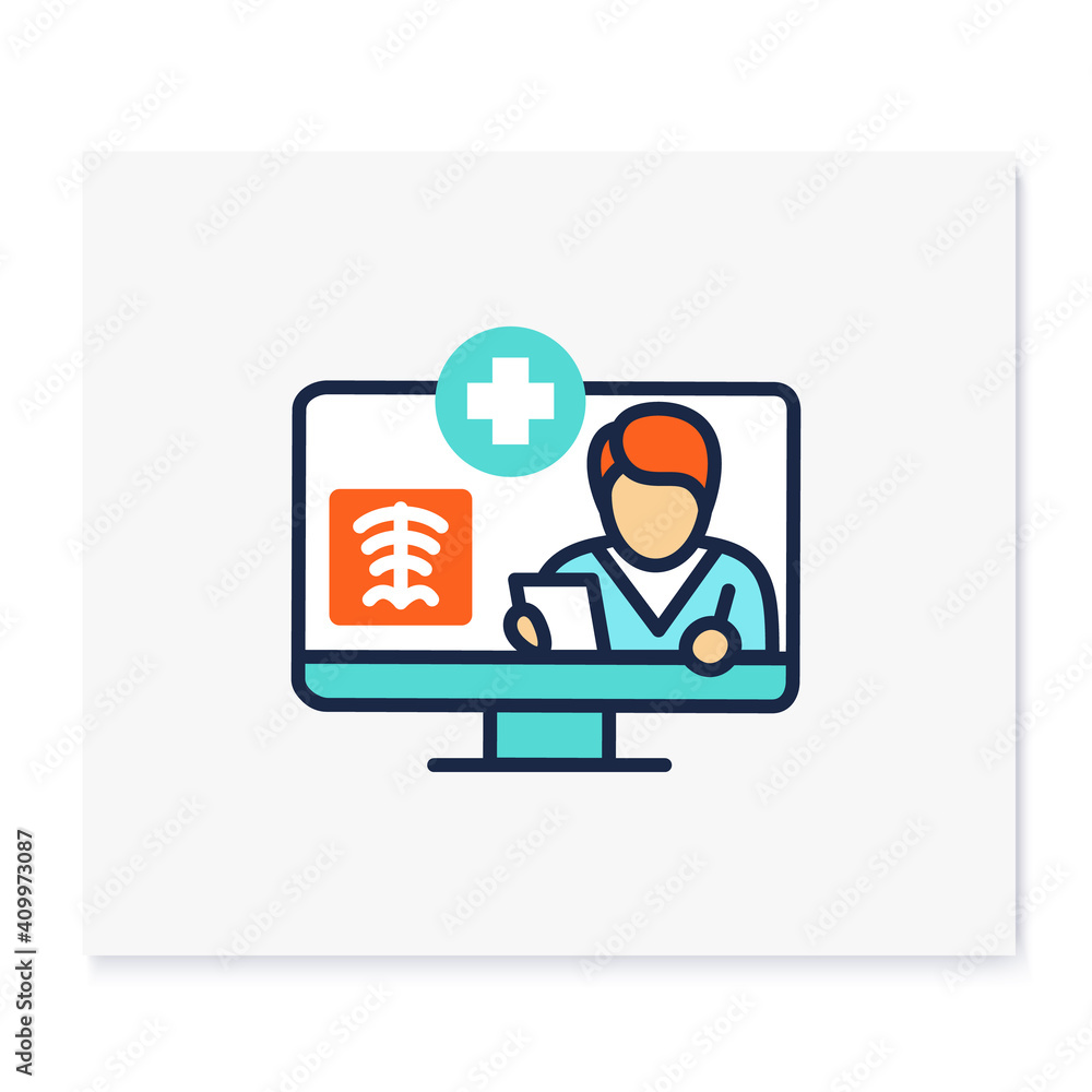 Teleradiology color icon. Telehealth medical care. Virtual radiographer consultation. Telemedicine, health care concept. Online medicine, roentgenology. Isolated vector illustration