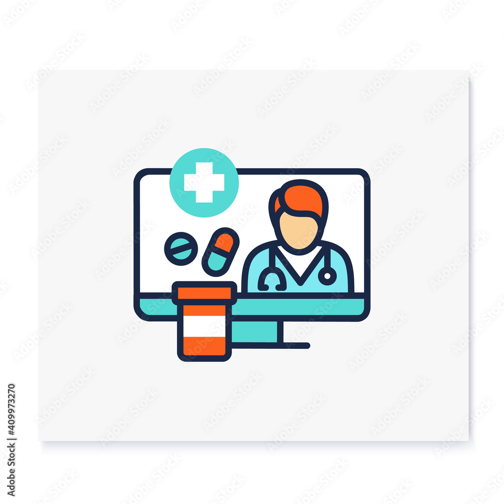 Medication prescription online color icon. Telehealth medical care. Virtual doctors treatment. Telemedicine, online health care concept. Isolated vector illustration