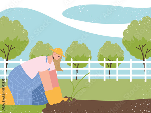 farm and agriculture female farmer planting work farmland field landscape