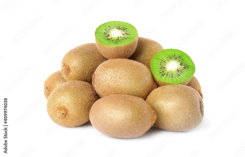 Fototapeta premium Cut and whole fresh kiwis on white background