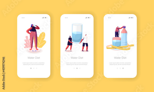 Characters Drink Water on Diet Mobile App Page Onboard Screen Template. Tiny People at Huge Bottle and Glasses with Aqua