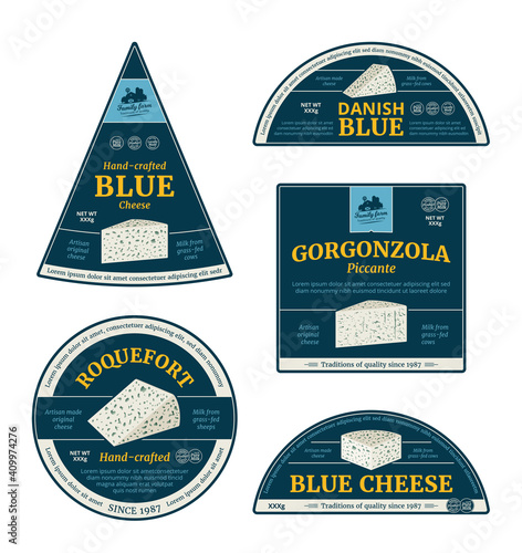Vector blue cheese labels and packaging design elements. Roquefort, gorgonzola and blue cheese detailed icons