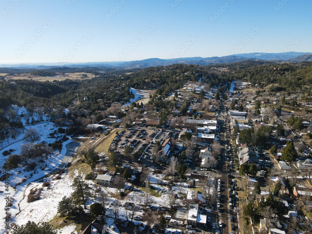 Aerial view of historic Downtown City of Julian during snow day. Famous for it's apple pies, and the Wilcox Building.California, USA