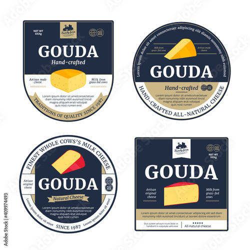 Vector gouda cheese labels and packaging design elements. Gouda cheese detailed icons