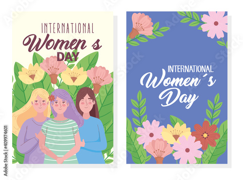happy womens day letterings cards with girls group vector illustration design