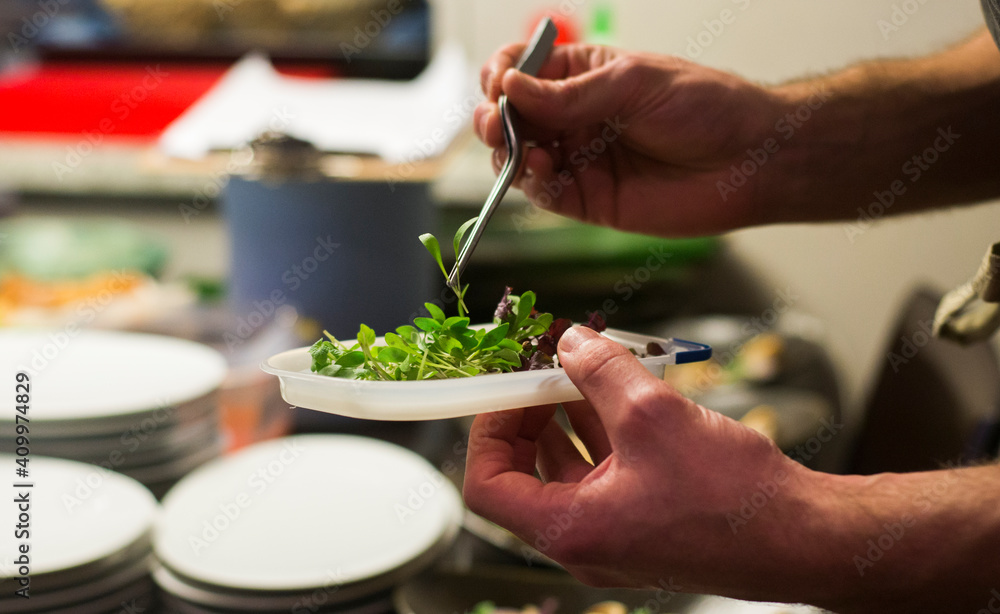 Chef preparando ensalada de diseño en cocina moderna e intuitiva Chef preparando ensalada de diseño en cocina moderna e intuitiva