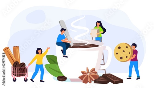 Coffee time Energetic tasty beverage for breakfast Tiny people making coffee with sugar cinnamon cloves and chocolate with cookies Vector illustration flat design style
