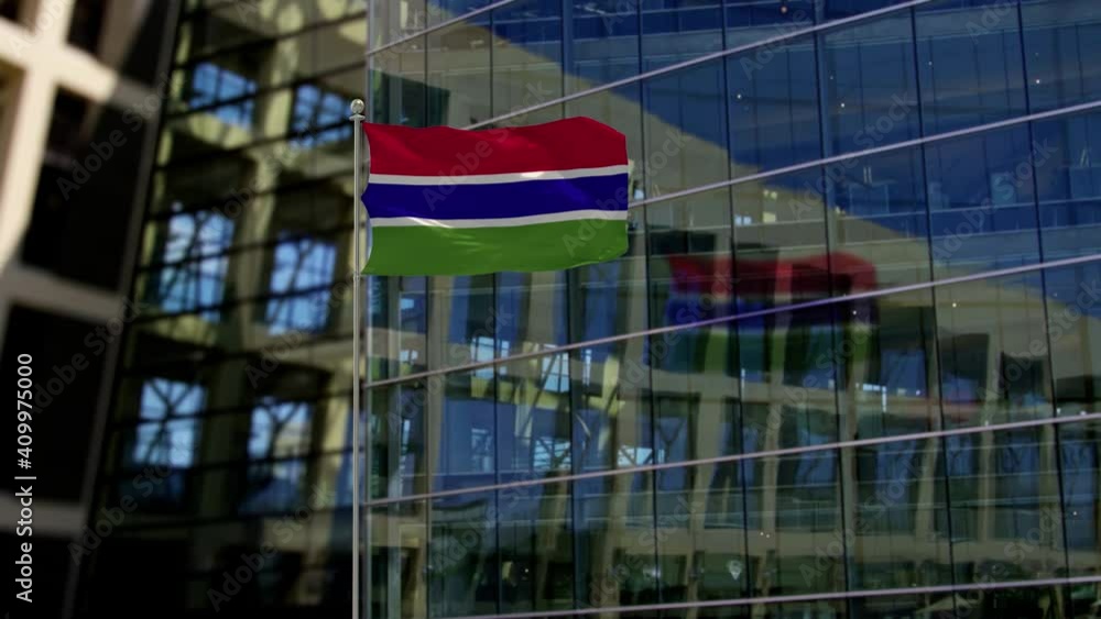 Gambia Flag Waving On A Skyscraper Building Gambia Flag Waving On A Skyscraper Building