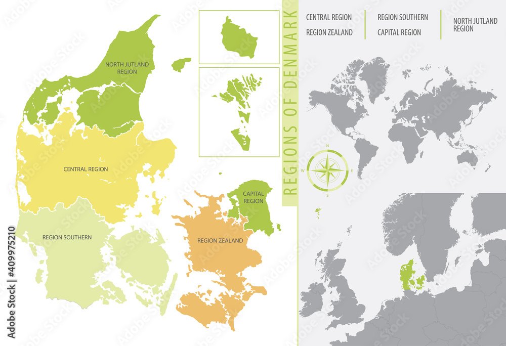 Obraz premium Detailed color vector map of administrative divisions of Denmark showing the location of the country on map of Europ