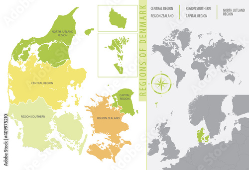 Detailed color vector map of administrative divisions of Denmark showing the location of the country on map of Europ