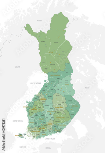 Detailed map Finland with administrative divisions into regions and sub-regions, large cities of the country, vector illustration on a white background